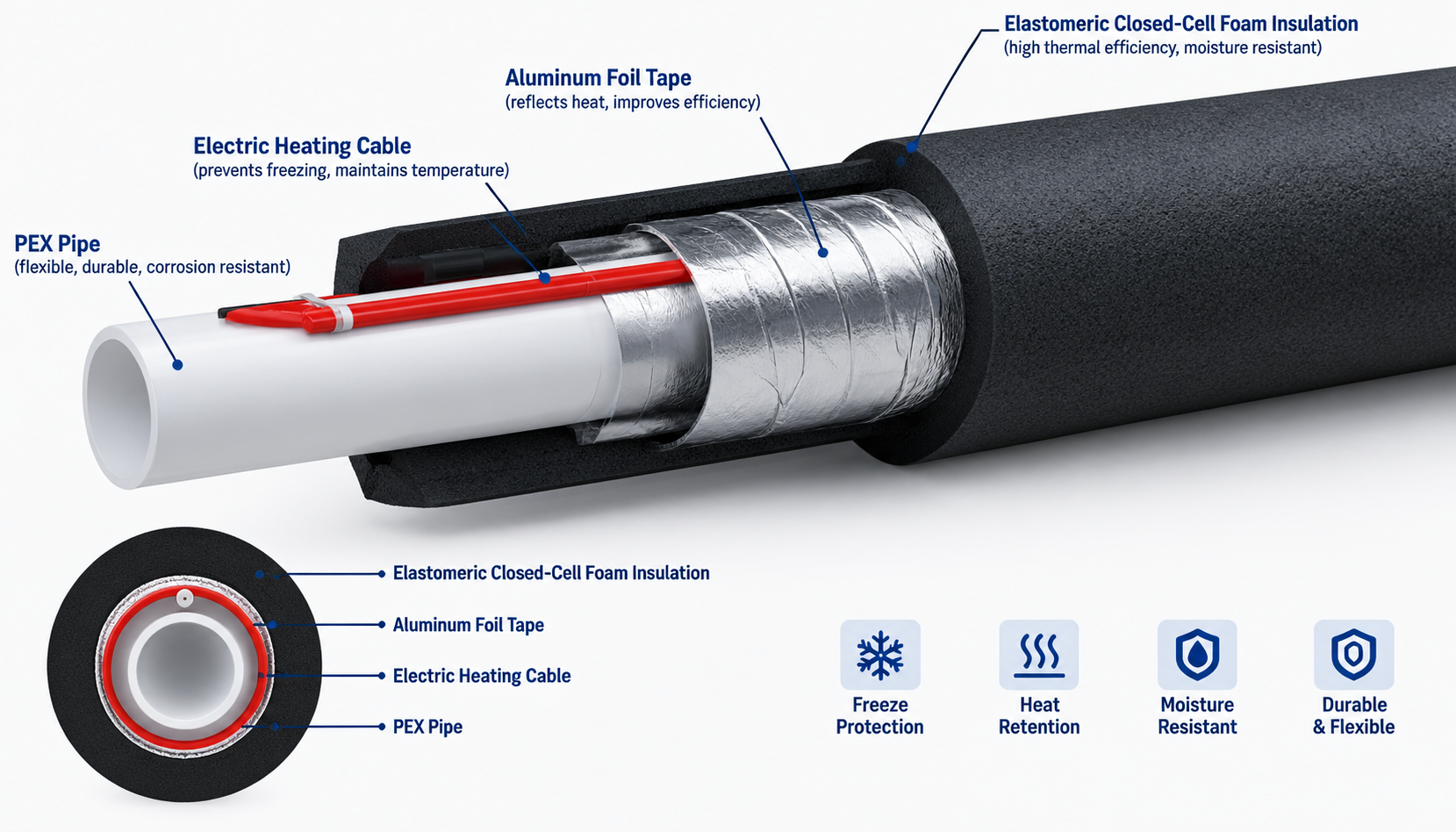 Technical diagram of self-regulating heating cable on PEX pipe with insulation layers