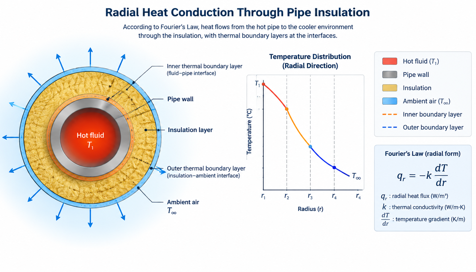 Cross-section diagram illustrating radial pipe heat conduction through insulation layers