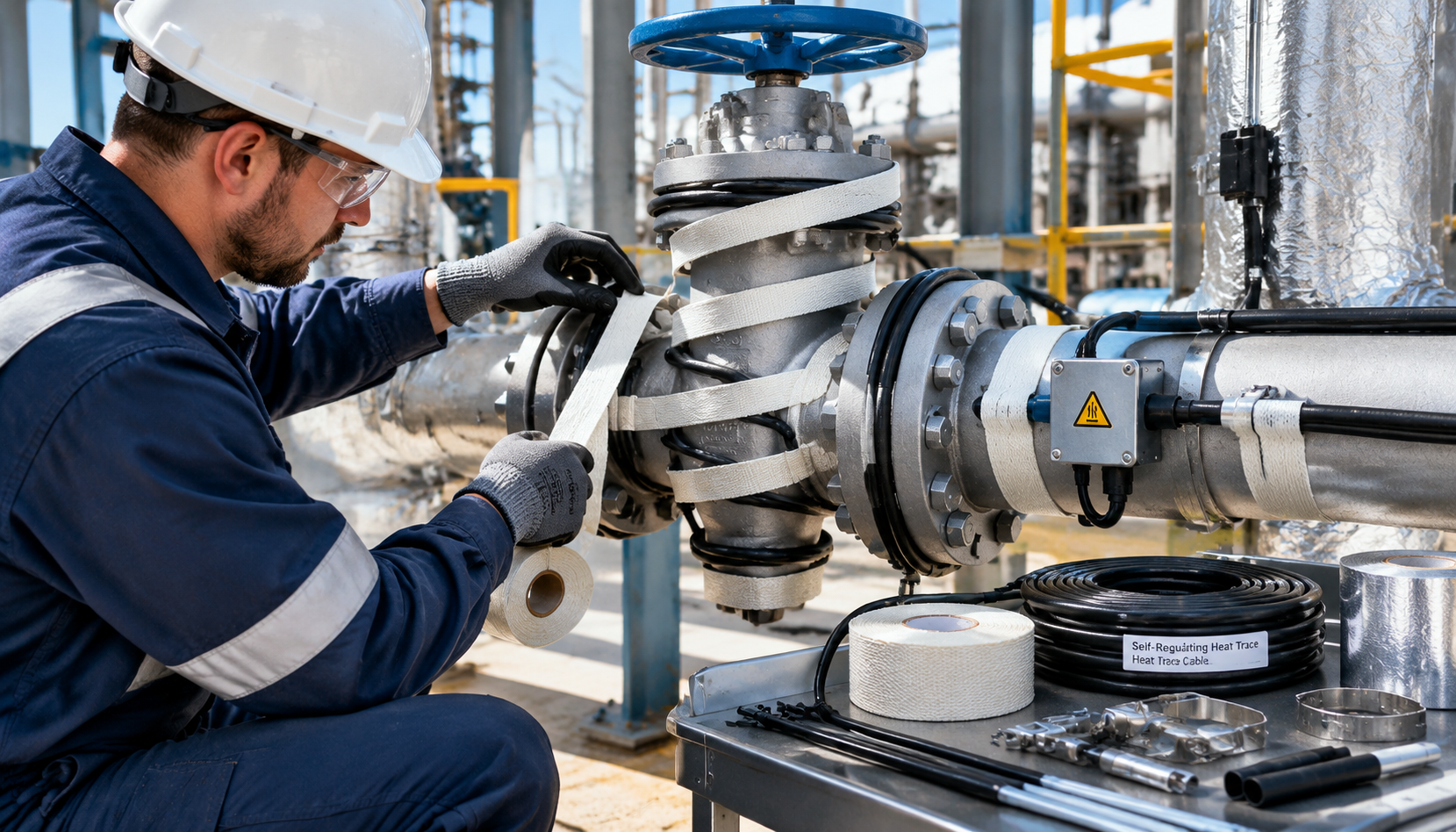 Technician installing electric heat trace cable on industrial gate valve with proper thermal looping