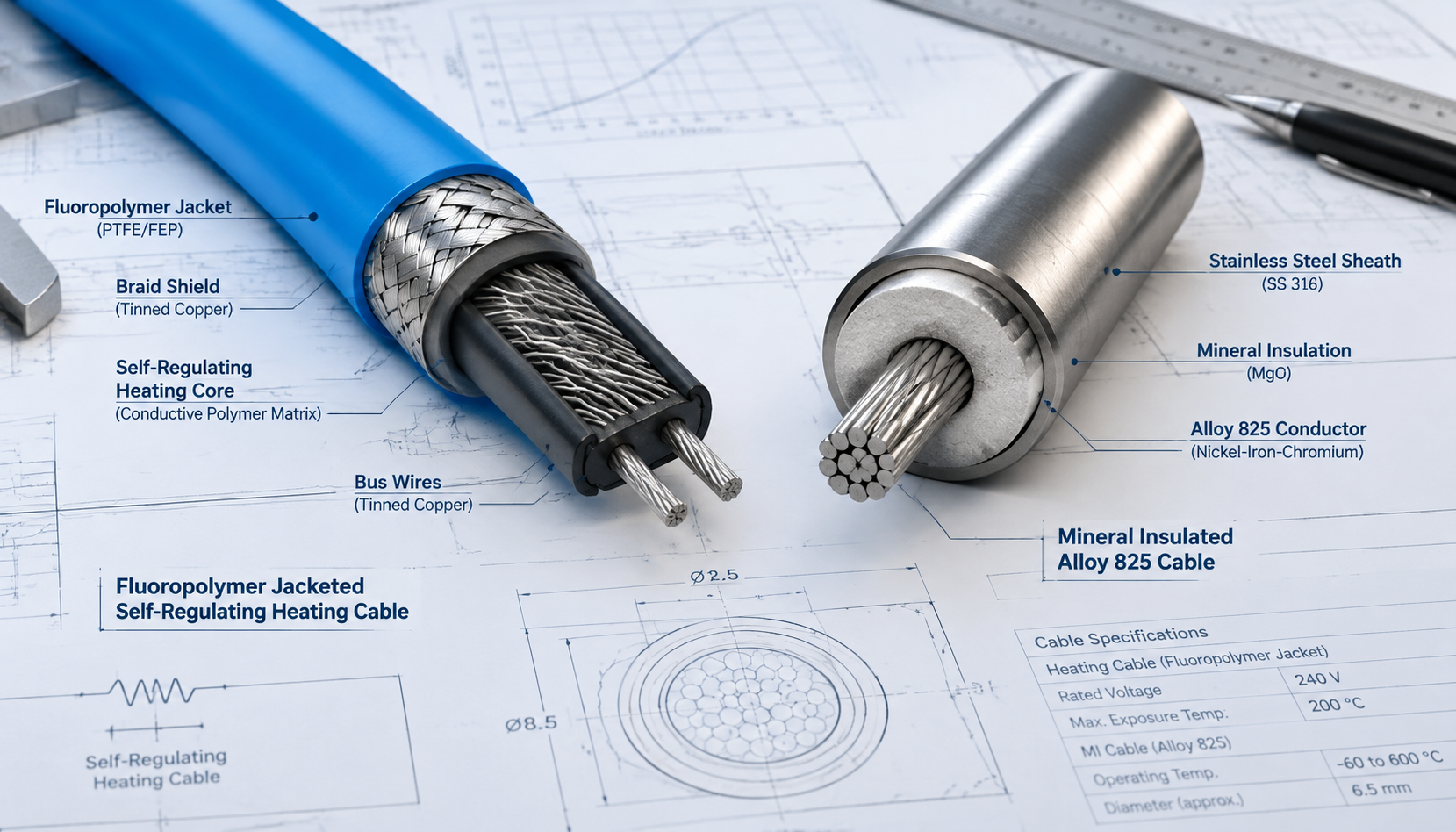 Cutaway illustration comparing fluoropolymer self-regulating cable and mineral insulated heating cable
