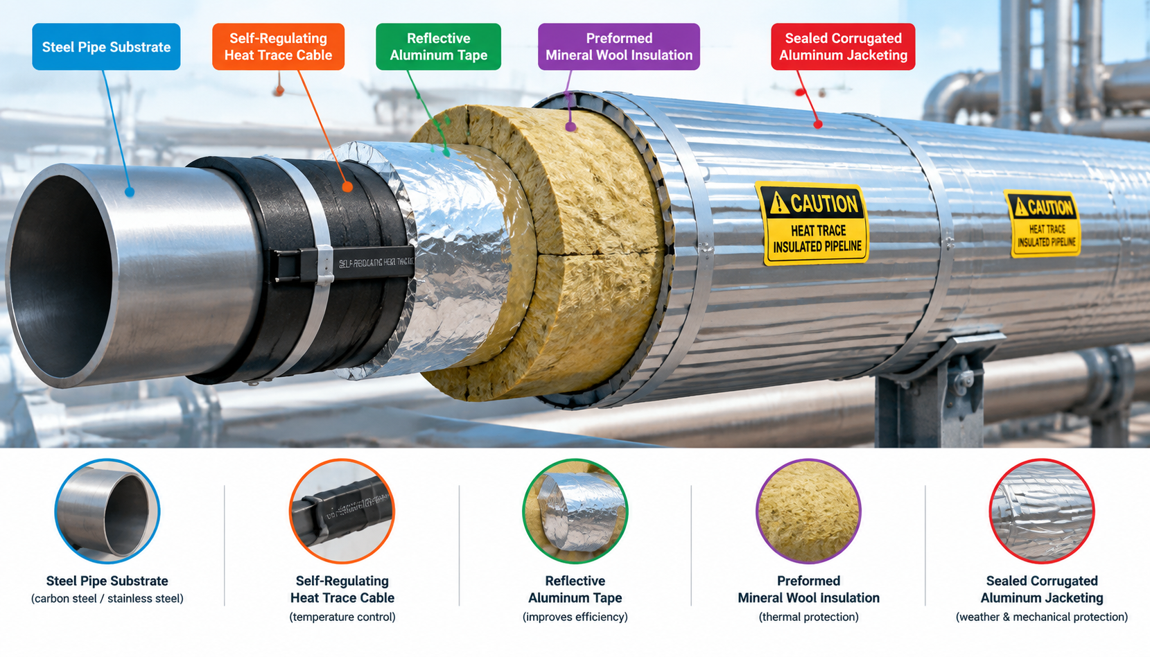 Cutaway illustration of pipe heat tracing showing pipe, cable, fiberglass tape, pre-formed insulation, and protective metal jacketing